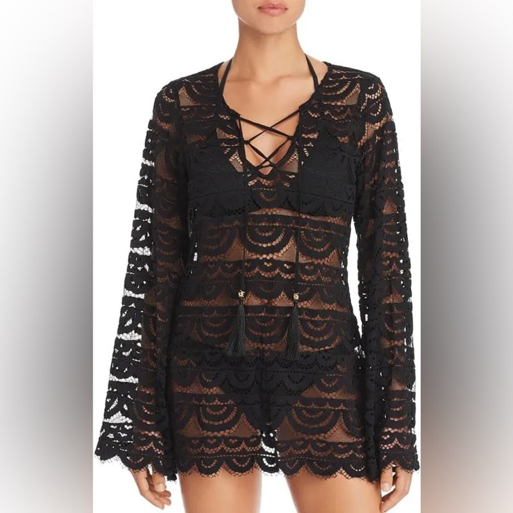 PilyQ PQ Swim Noah Black Lace Bell Sleeve Tunic Swim Cover-Up